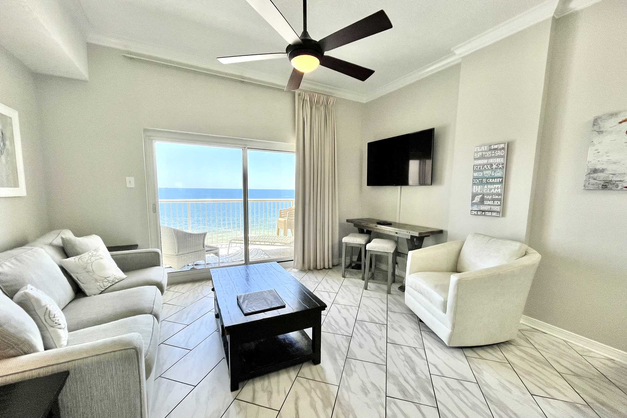 Tall ceilings and gorgeous beachfront views from the comfort