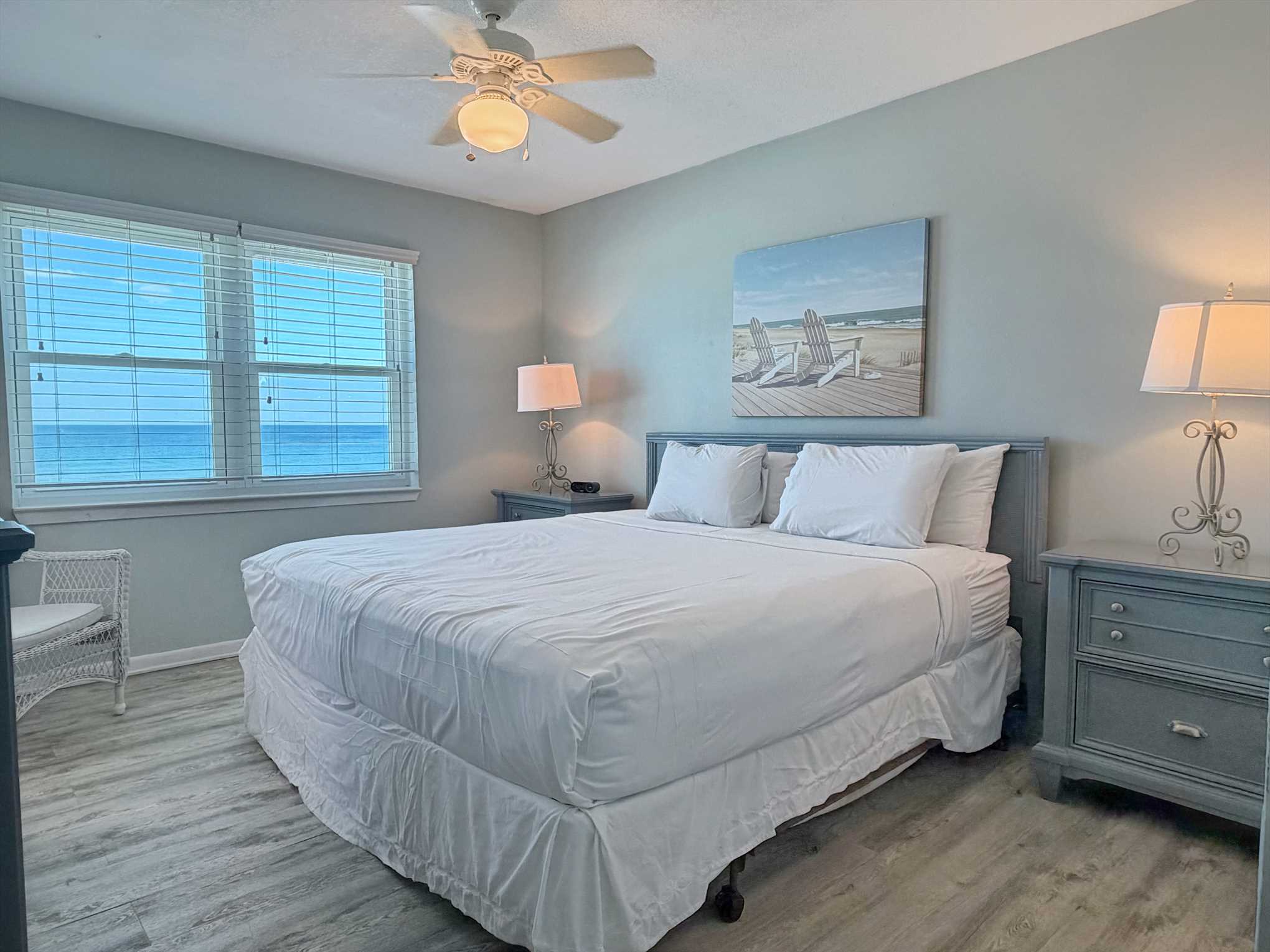 The master bedroom includes a king-sized bed.