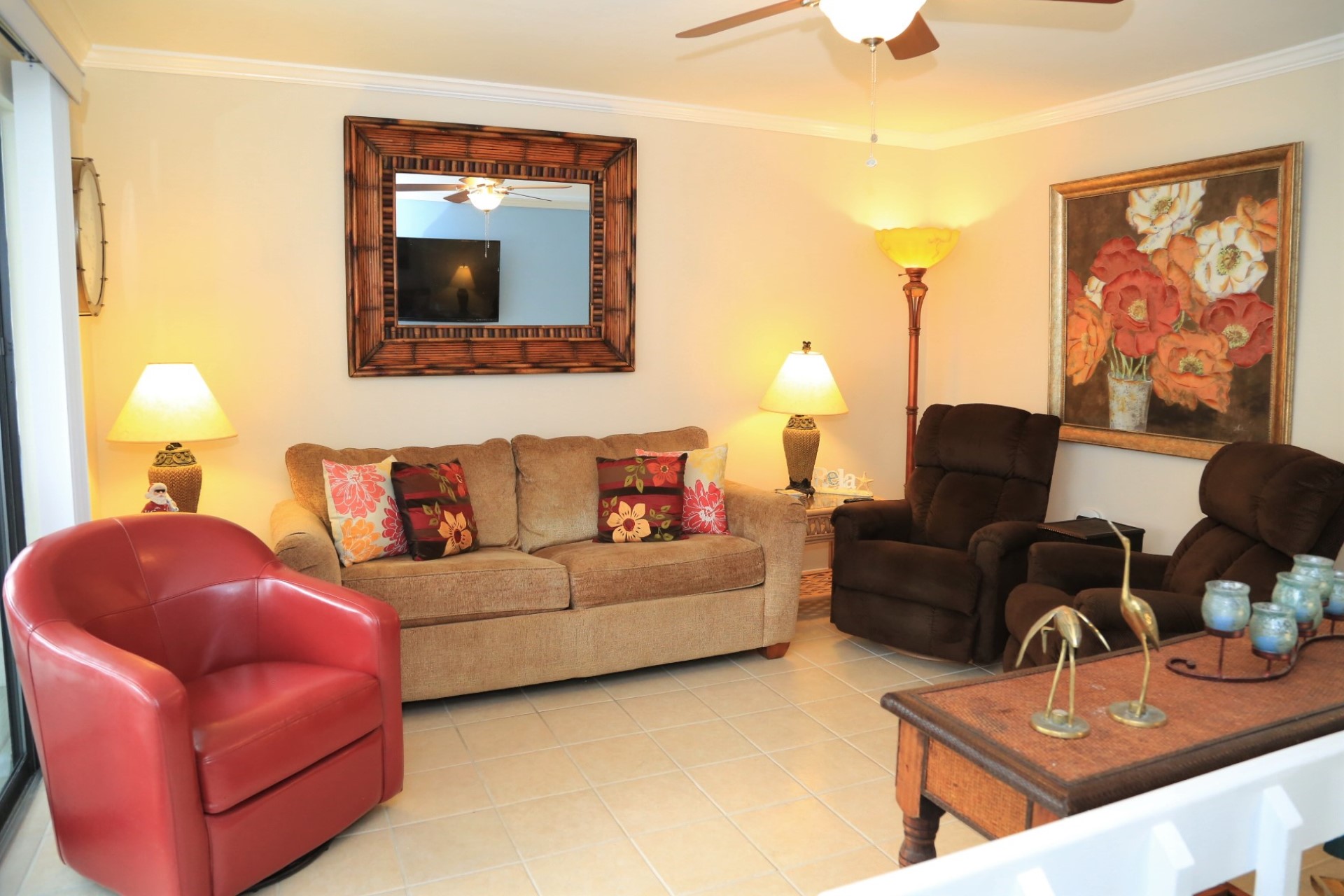 Travel upstairs to find the living room.