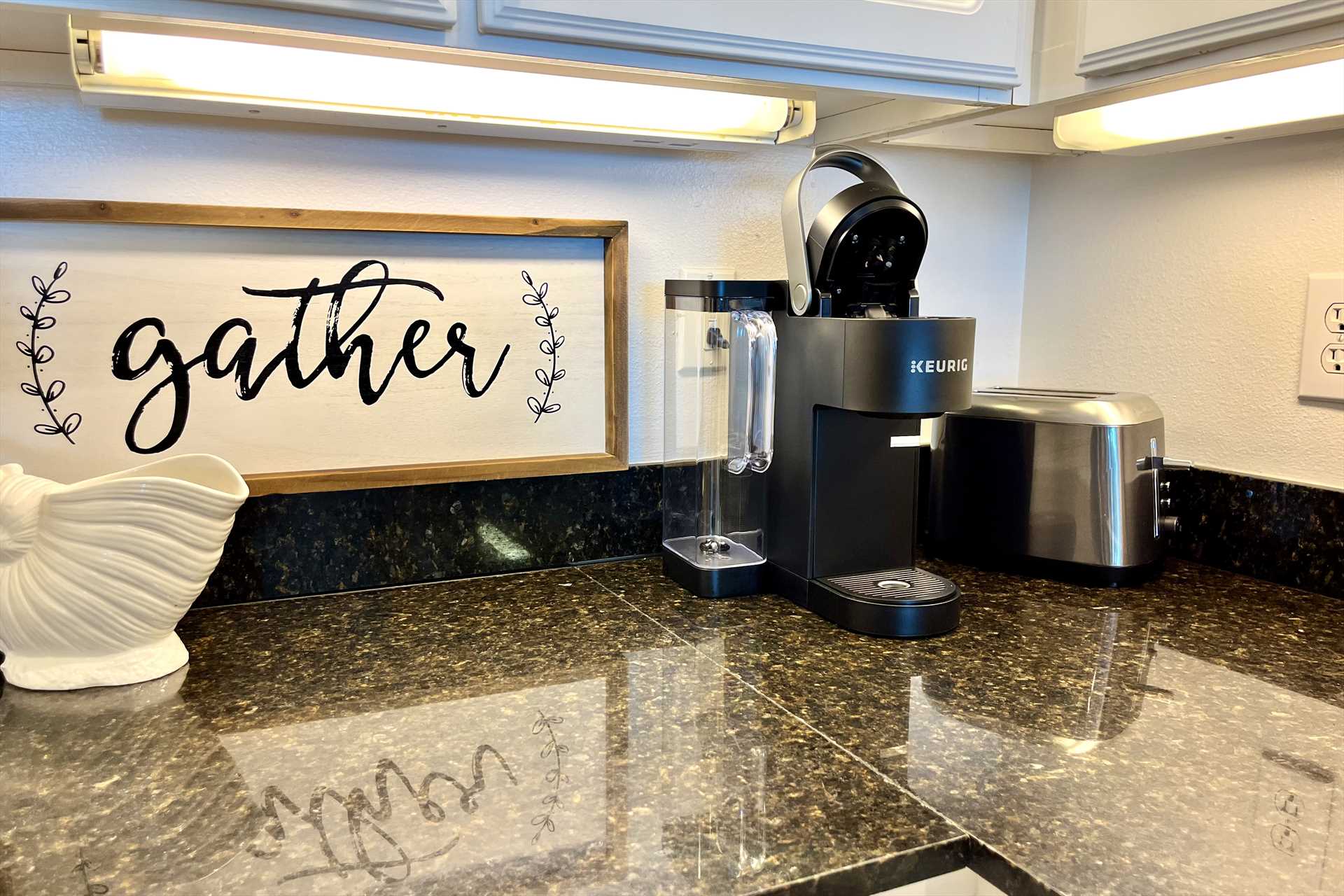 Single cup coffee maker (12-cup drip in the pantry)