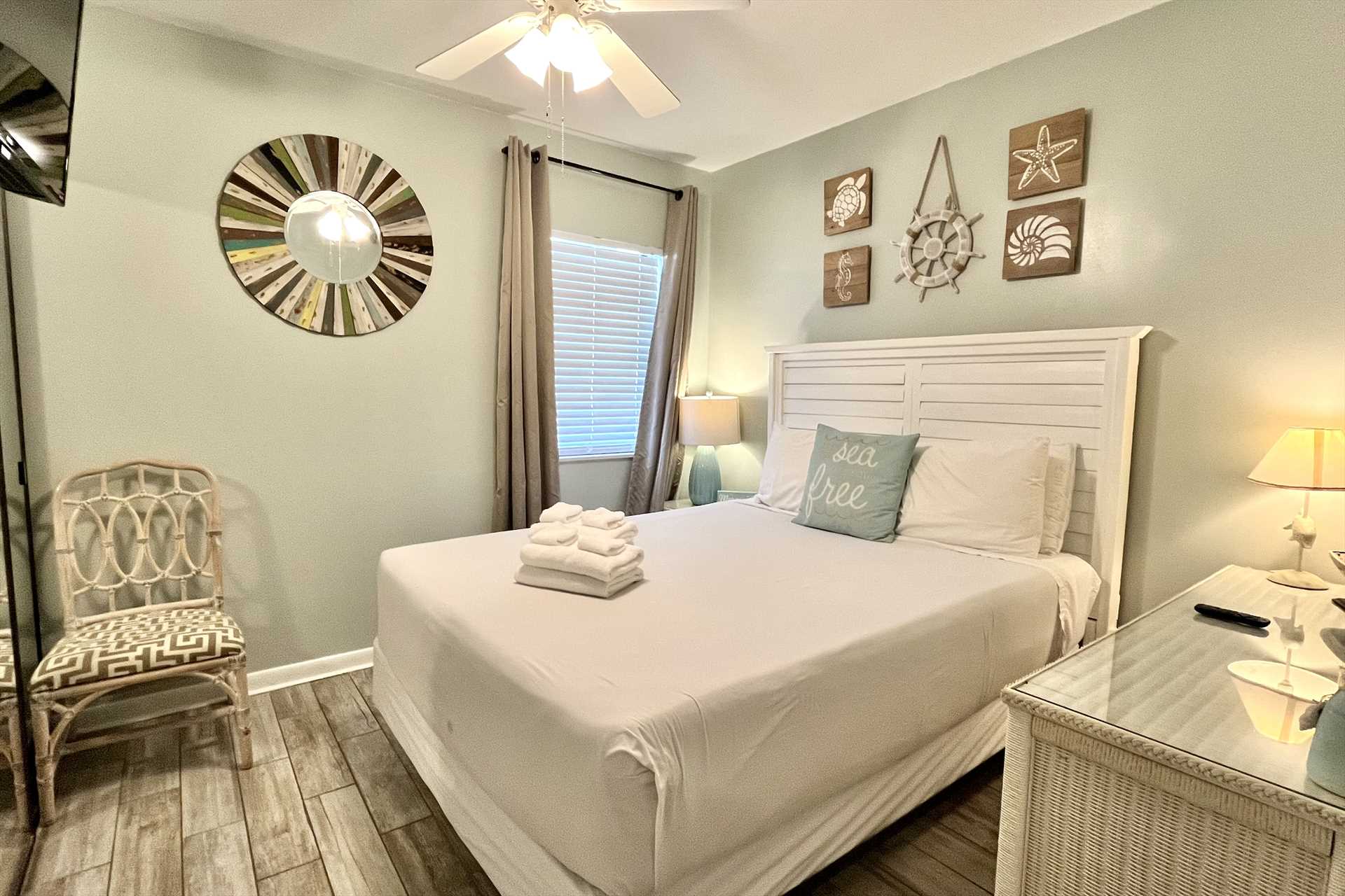 The second bedroom includes a queen-sized bed.
