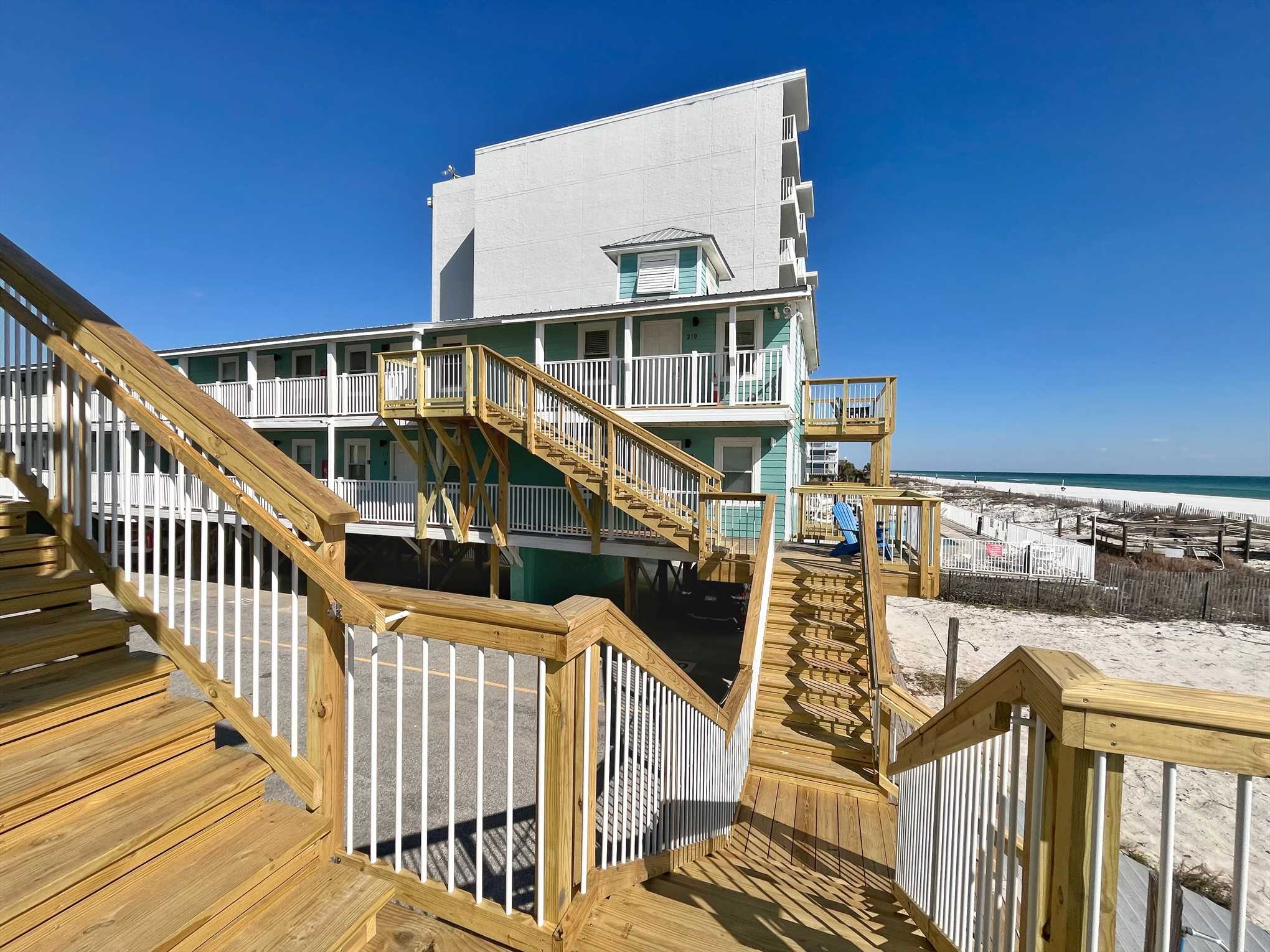 Recently rebuilt deck that leads right down to the beach!