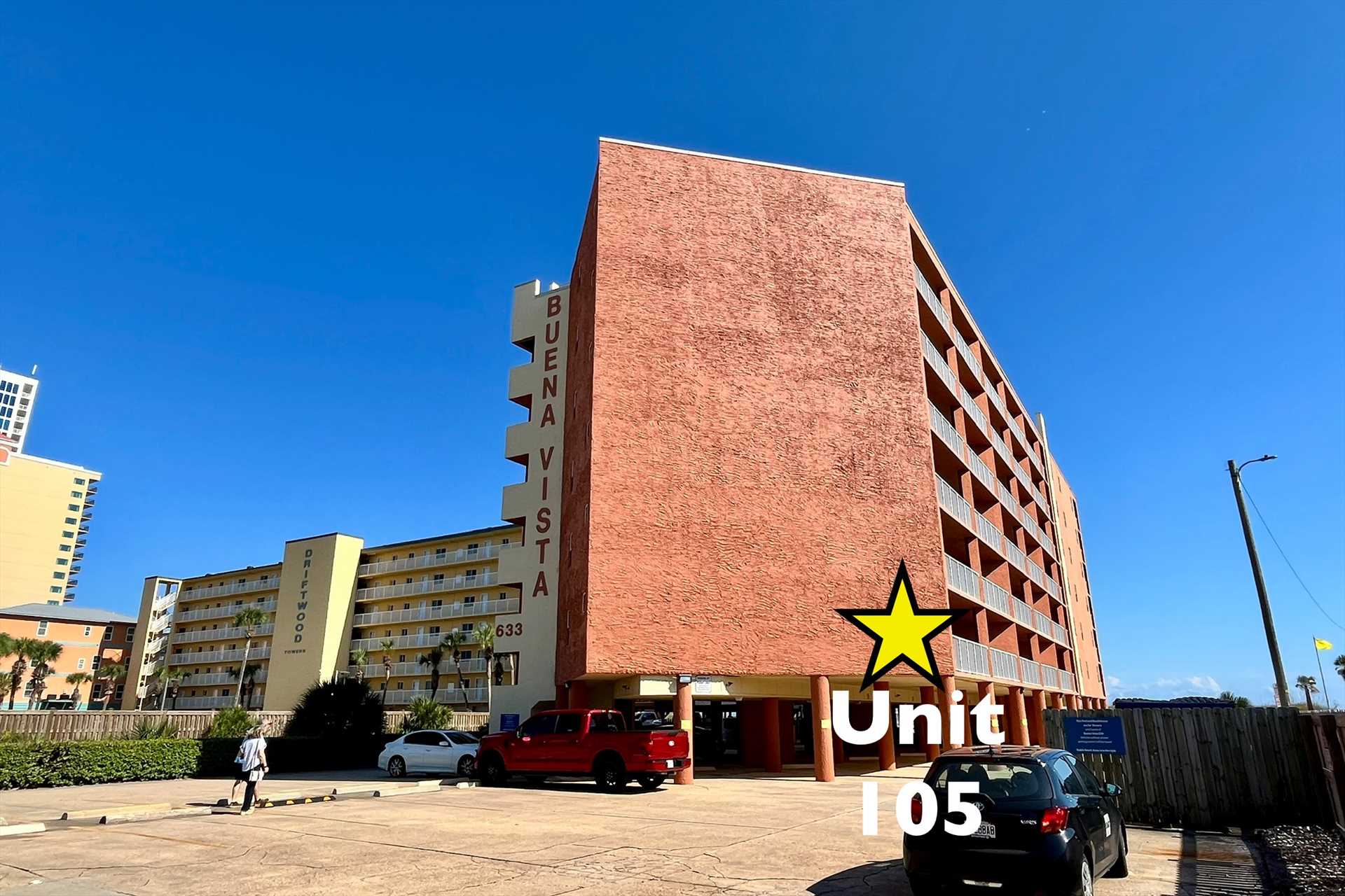 Parking lot/entrance to Buena Vista - star indicates where 1