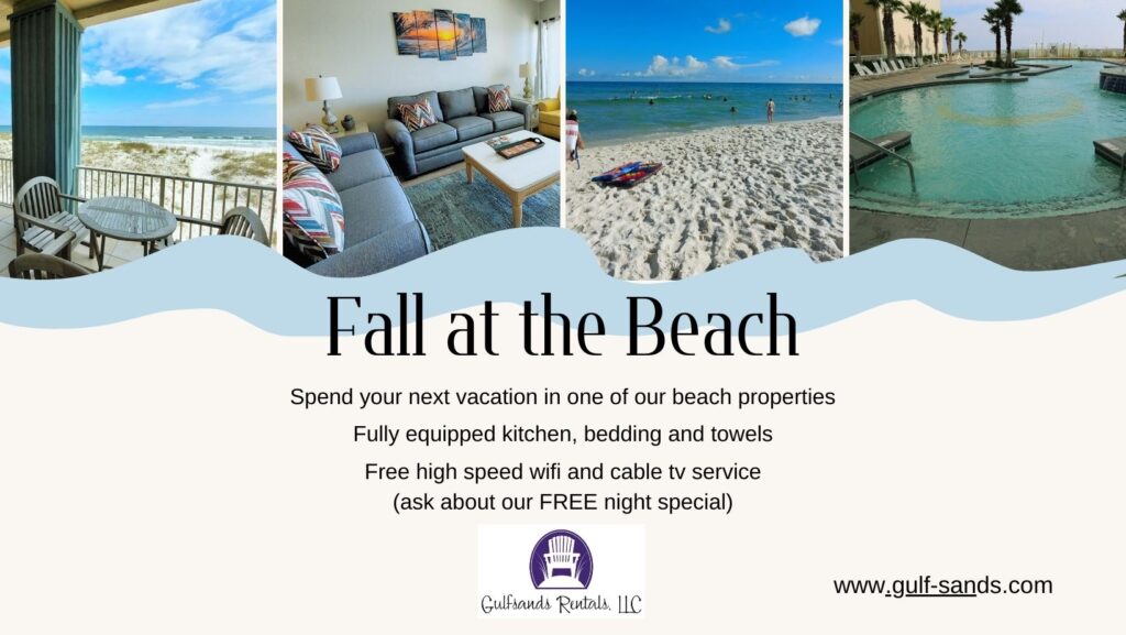 A banner titled Fall at the Beach from Gulfsands Rentals